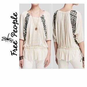 Free People Tunic Blouse World Butterfly Ivory/Black Embroidered Sz S Western